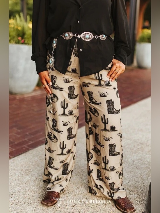 Lucky & Blessed Pants - Lucky & Blessed PLUS Khaki Vintage Western Printed Wide Leg Pants